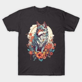 Colorful Wolf With Flowers T-Shirt